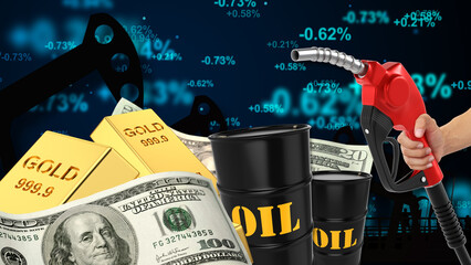 Oil markets and precious metal asset trading. Petrodollars. U.S. fuel production, crude oil distribution, and precious metal trading, alongside the international energy economy.  © le