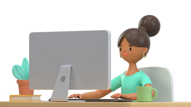 A woman is seated at a desk with a laptop