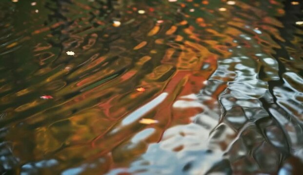abstract nature motion background featuring vibrant autumn foliage reflected across the gently rippling surface of a tranquil pond