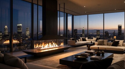 Fototapeta premium Luxury penthouse lounge features modern interior design with suspended fireplace. Large glass windows show city skyline at dusk. Elegant living room with comfortable sofas, coffee table offers