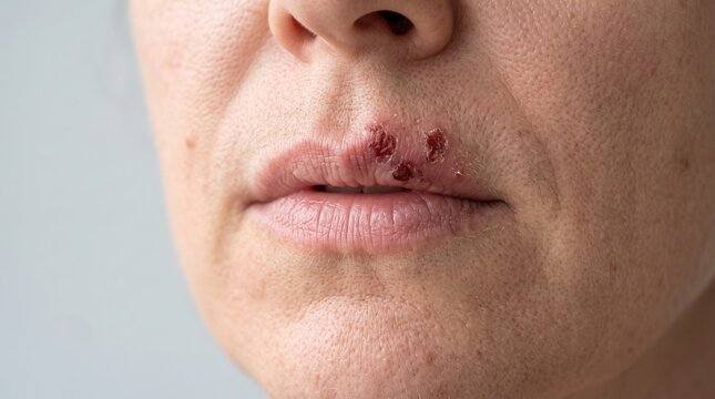 Close up of a woman's upper lip showing a severe herpes labialis cold sore fever blister in the crusted stage