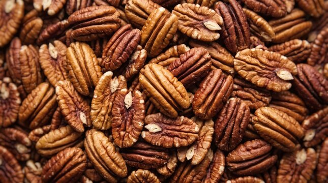 Realistic pecan nuts illustration, detailed walnut background texture, brown dried fruit pattern, organic food vector graphic design