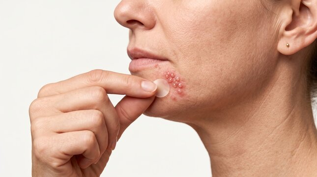 Woman applying an invisible hydrocolloid patch over a cluster of herpes simplex cold sore blisters on lip
