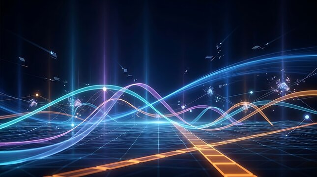 Abstract Technology Visualisation Showing a Glowing Blue Wireframe Data Grid With Orange Trajectory Curves, Floating Particles and a Json Telemetry Readout of Coordinates, Values and Quality Metrics, 