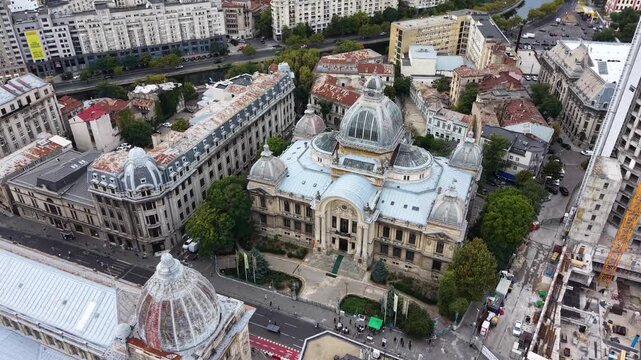 Drone view of CEC Palace in Bucharest Old Town, Romania