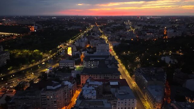 Post-sunset aerial view of central Bucharest city skyline, Romania