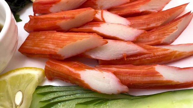 Sliced Imitation Crab Sticks on a White Plate with Lime