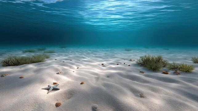 Underwater sandy ocean floor clear blue water sunlight starfish seashell marine plant peaceful natural beauty aquatic life
