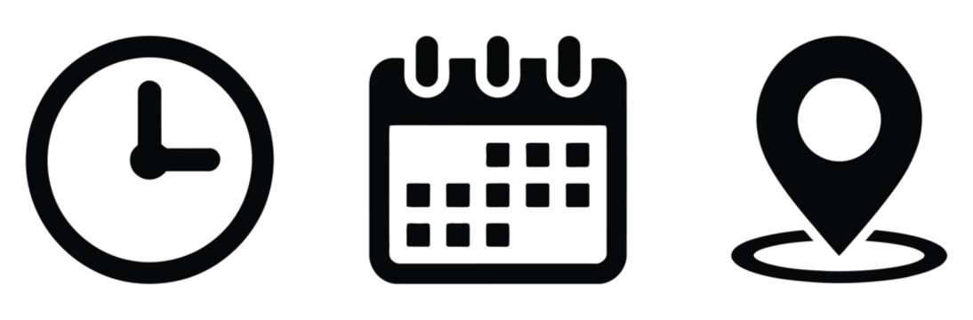 Time date and location vector icon set with calendar, watch, and map marker symbols for event invitations, appointments, scheduling, venue details, and meetings