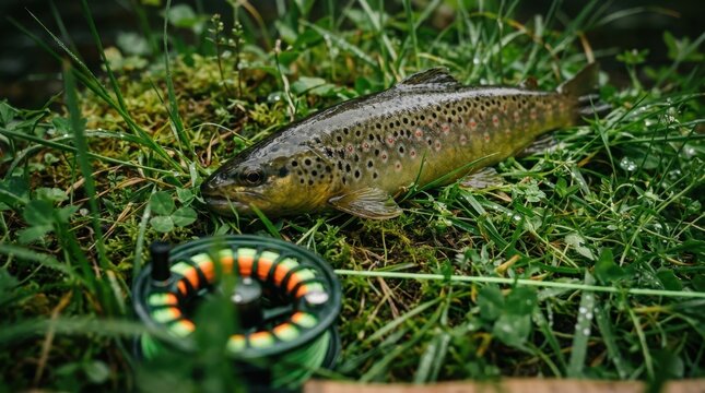A beautiful brown trout caught with a fly fishing rod lying in the lush green grass near a riverbank