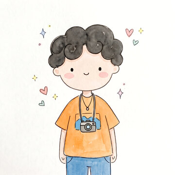 Cute hand drawn watercolor boy character with camera doodle illustration