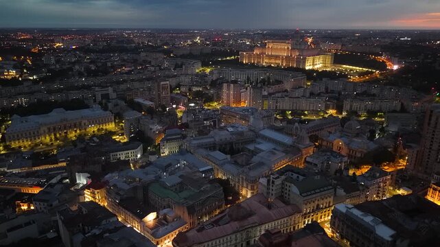 Night aerial view of illuminated cityscape in Bucharest city, Romania