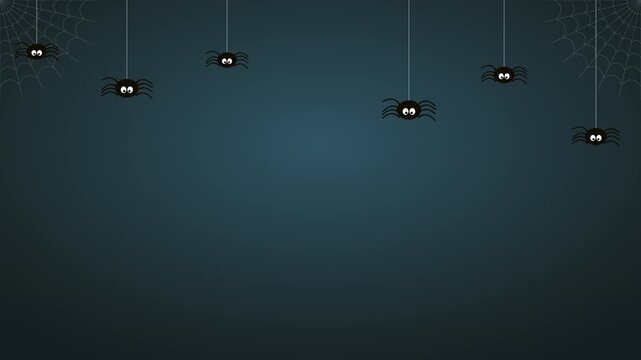 Dark spiders hang from webs against a deep blue background. Silhouetted arachnids dangle in eerie, quiet stillness. Each creature glows softly