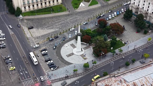 Drone view of Memorial of Rebirth on Revolution Square in Bucharest, Romania
