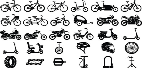 Collection of various bicycle types motorcycles scooters and cycling accessories isolated on a white background © Mojira