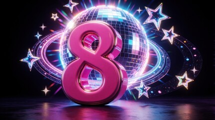 Fototapeta premium Pink 3D number eight with shiny metallic texture sits in front of disco ball. Glowing stars, cosmic rings create festive atmosphere. Vibrant neon lights, sparkles shine on dark background for