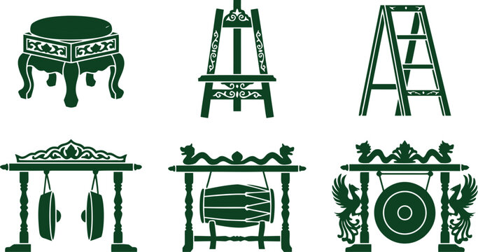 Traditional Indonesian Furniture and Gamelan Musical Instrument Green Silhouette Icon Vector Set Featuring Stool Easel Ladder Gong and Kendang Drum Assets