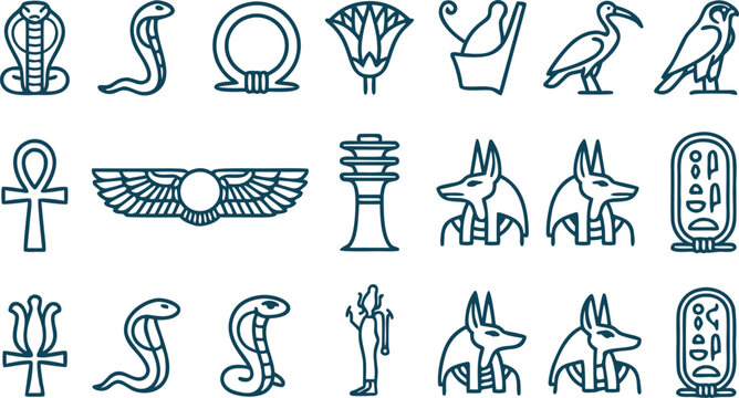 Ancient Egyptian Hieroglyph Line Icon Vector Set Featuring Anubis Pharaoh Cobras Ankh Cartouche Horus Falcon Winged Sun and Lotus Symbols for History Graphic Designs