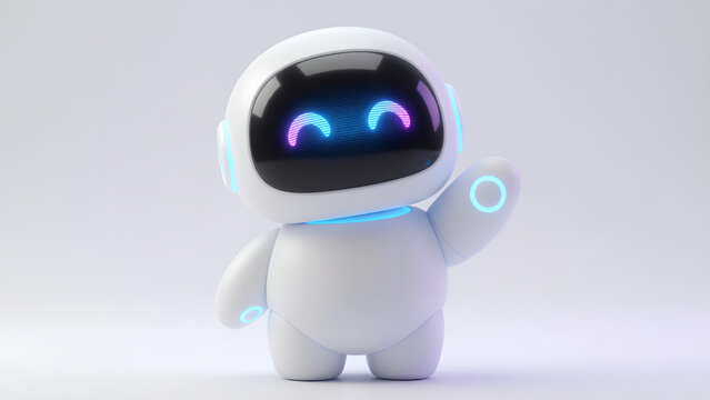 Cute little white robot character with glowing blue eyes waving hello.