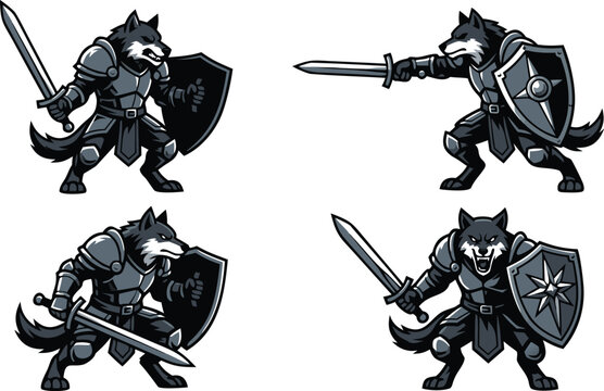 Fantasy Wolf Warrior Mascot Character Vector Set Featuring Aggressive Werewolf Knights in Plate Armor Holding Swords and Shields for Gaming Team Logo Designs