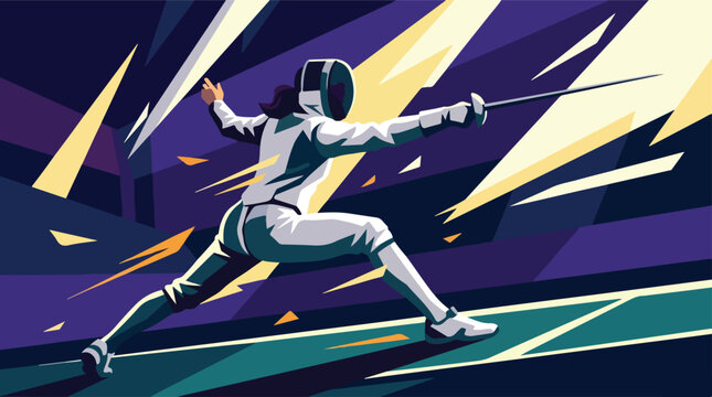 Fencing player attacking with rapier sword. Woman fencer performing lunge technique. Modern sports competition poster art.