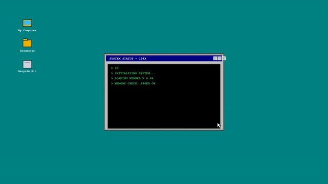 Old vintage computer interface showing terminal command prompt window on teal desktop screen with icons representing classic operating system software environment for technology nostalgia retro