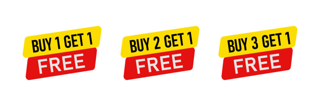Special discount product label. Buy 1 get 1 free, buy 2 get 1 free and buy 3 get 1 free promotion offer. Transparent vector