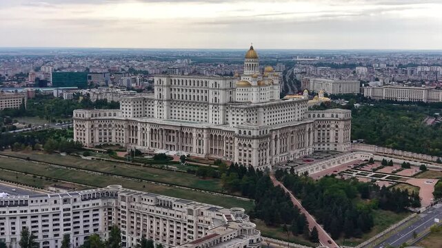 Aerial view of Palace of the Parliament building in Bucharest, Romania