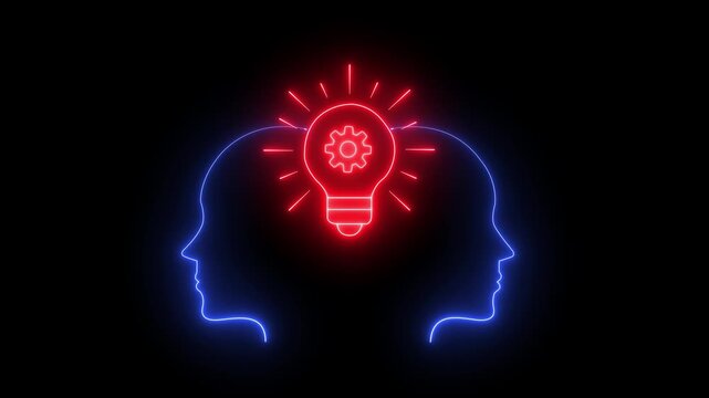 Neon human profiles with glowing lightbulb and gear concept of innovation, artificial intelligence, and creative thinking.