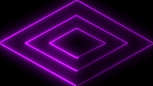 Neon purple diamond shape tunnel animation, glowing geometric abstract background, futuristic light lines loop.