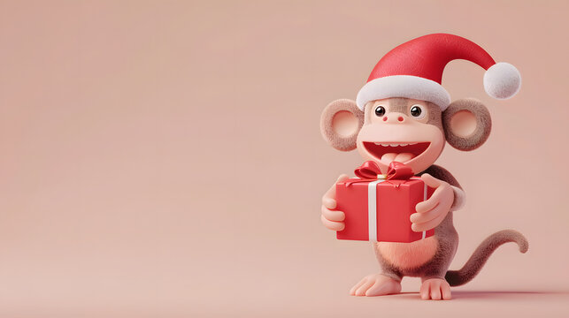 Cute Christmas monkey in Santa hat holding red gift box