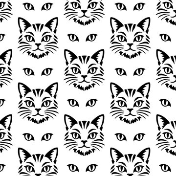 Cat face repeat pattern in a seamless vector print in black and white