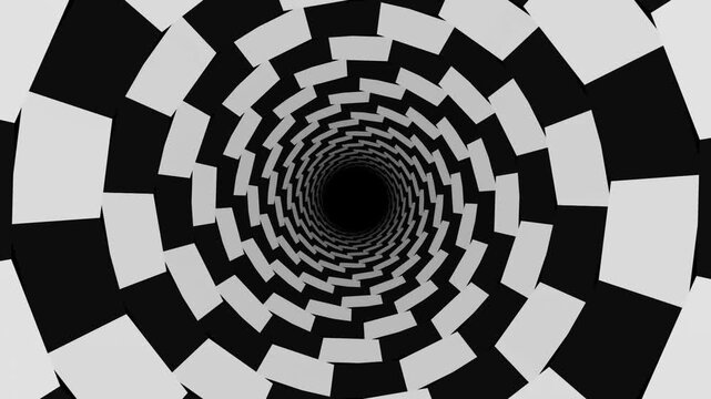 Abstract 3D Tunnel Spiral with Black and White Rectangular Tiles Creating Optical Illusion Motion Effect for monochrome and geometric Projects pattern rectangle rotating hypnotic perspective depth art
