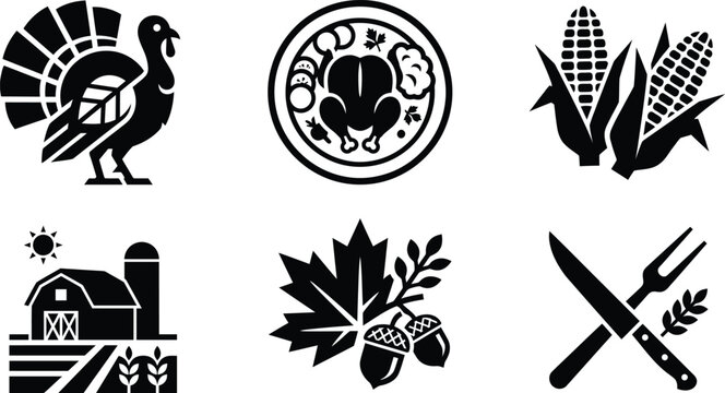 Thanksgiving border design collection with turkey bird silhouette graphic, roasted turkey dinner platter icon, sweet maize corn cobs illustration, rural farmhouse silo landscape emblem, maple leaf aco