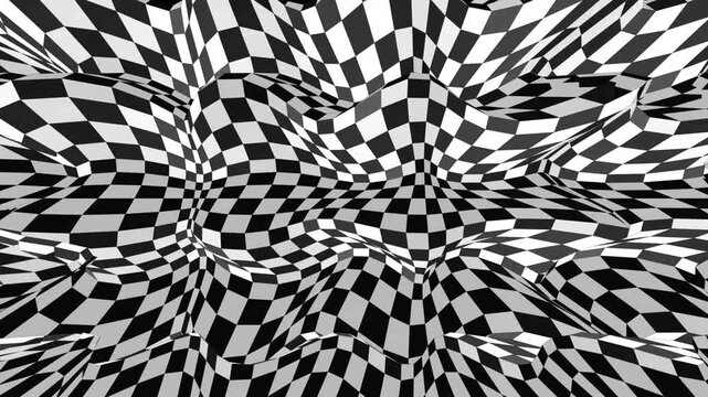 Abstract checkered pattern with 3D distorted wavy surface, monochrome geometric optical illusion background for modern graphic design projects. distortion black white grid texture perspective dynamic