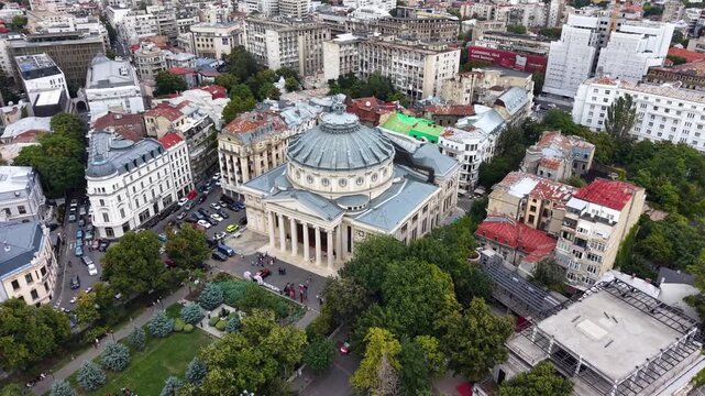 Drone shot of Romanian Athenaeum landmark building in Bucharest, Romania