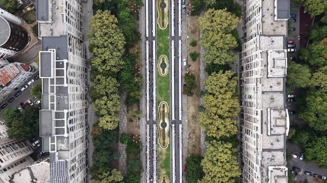 Top-down aerial view of Unirii Boulevard in Bucharest city, Romania