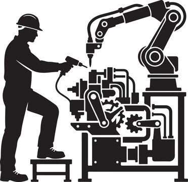 Black industrial worker silhouette using power tool near robotic arm, factory machinery vector illustration with gears and automated manufacturing production line concepts for engineering and