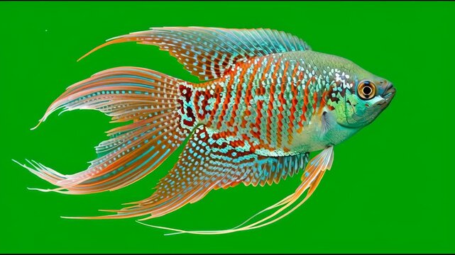A clown gourami with flowing fins, isolated on a pure green background