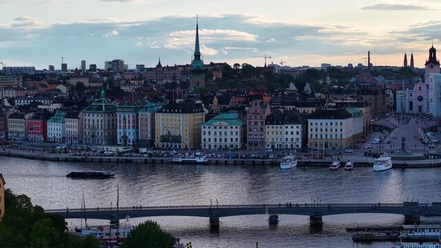 Wide view of historic waterfront buildings in Gamla Stan, Sweden
