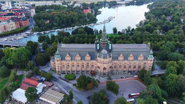 Drone shot of Nordiska Museet on Djurgarden island in Stockholm, Sweden