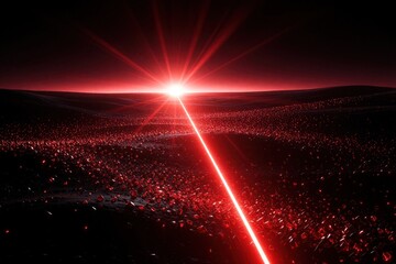 Fototapeta premium Bright red laser beam crosses dark landscape with central flare. Light ray hits ground covered in red particles, small stones. Sci-fi glow illuminates horizon, night terrain. Abstract tech background