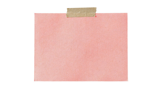 Blank pink paper note attached with masking tape isolated on transparent background