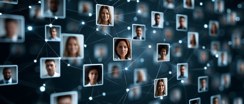 Corporate human capital analytics visualization with hundreds of glowing employee profiles connected through an intelligent network, organizational structure, recruitment trends and workforce