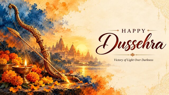 Happy dussehra watercolor style greeting with bow and diya lamp