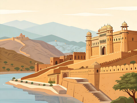 Minimal vector art of Amber Fort overlooking Maota Lake, golden sandstone walls, layered courtyards, distant Aravalli hills, warm amber and dusty blue palette, crisp architectural shapes.
