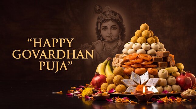 Happy Govardhan Puja greeting with Lord Krishna and traditional food