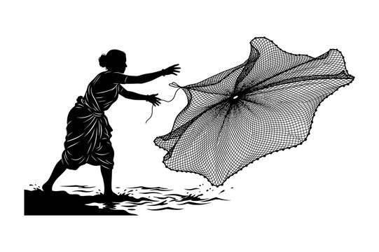 Silhouette of a woman throwing a traditional fishing net into the water