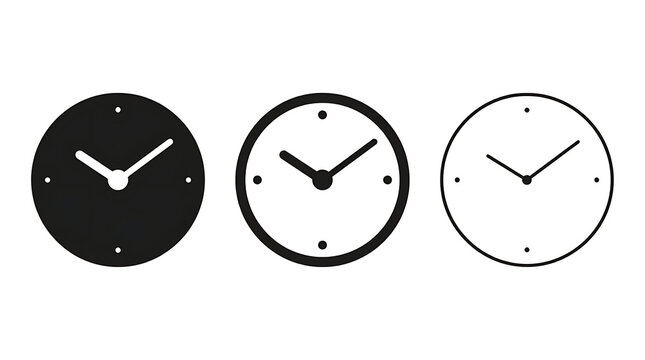 Set of three minimalist clock icons isolated on transparent