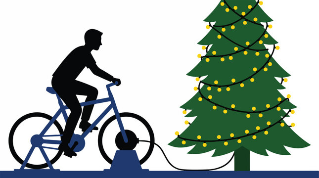 A silhouette of a person on a stationary bicycle generating power for a string of festive lights on a tree, minimalist flat design, absolute solid block colors, extremely sharp unblended edges,